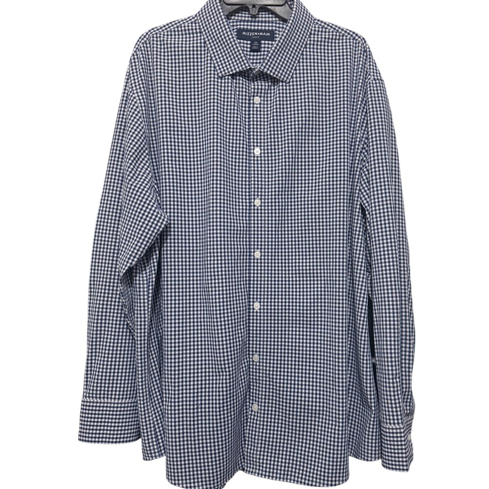 Mizzen+Main Leeward Classic Gingham Dress Shirt Navy White XXL Stretch Mens